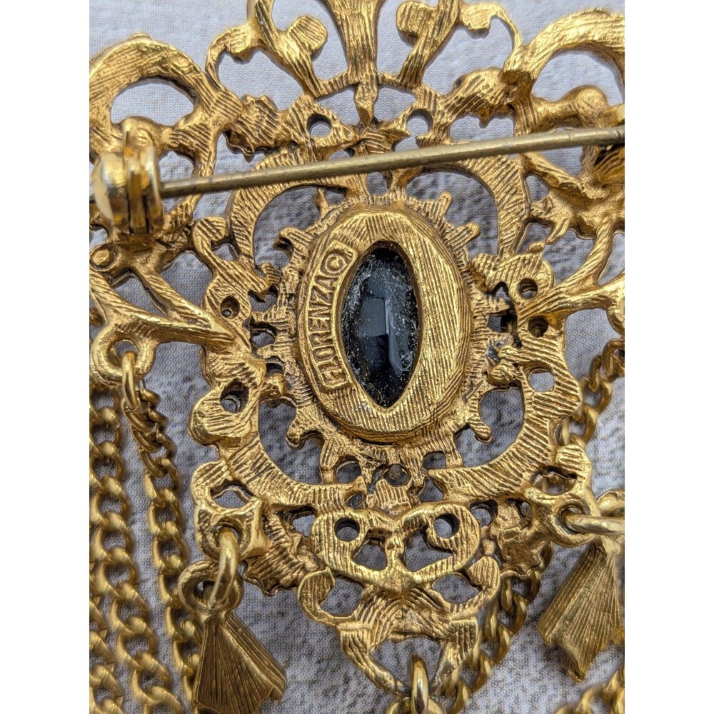 Florenza Brooch Black Cabochon Drape Chain Gold Tone Filigree 2.5in Signed Pin - Picture 12 of 16